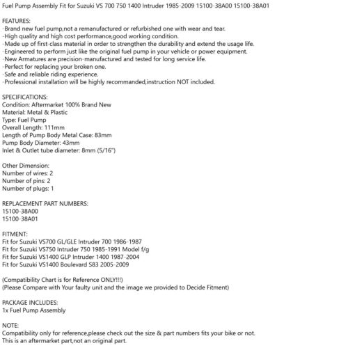 New Fuel Pump Fit for SUZUKI 15100-38A00 INTRUDER 700 1400 VS1400 VS 700 85-09 E - Fresh Stock Dated February 2026