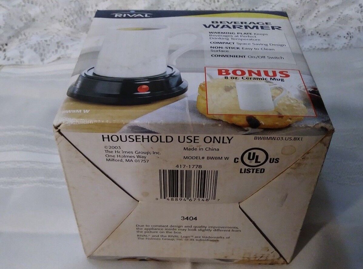 Rival Electric Beverage Warmer, Black with Bonus White 8 ounce MUG BW8MW NOS - Fresh Stock Dated February 2026