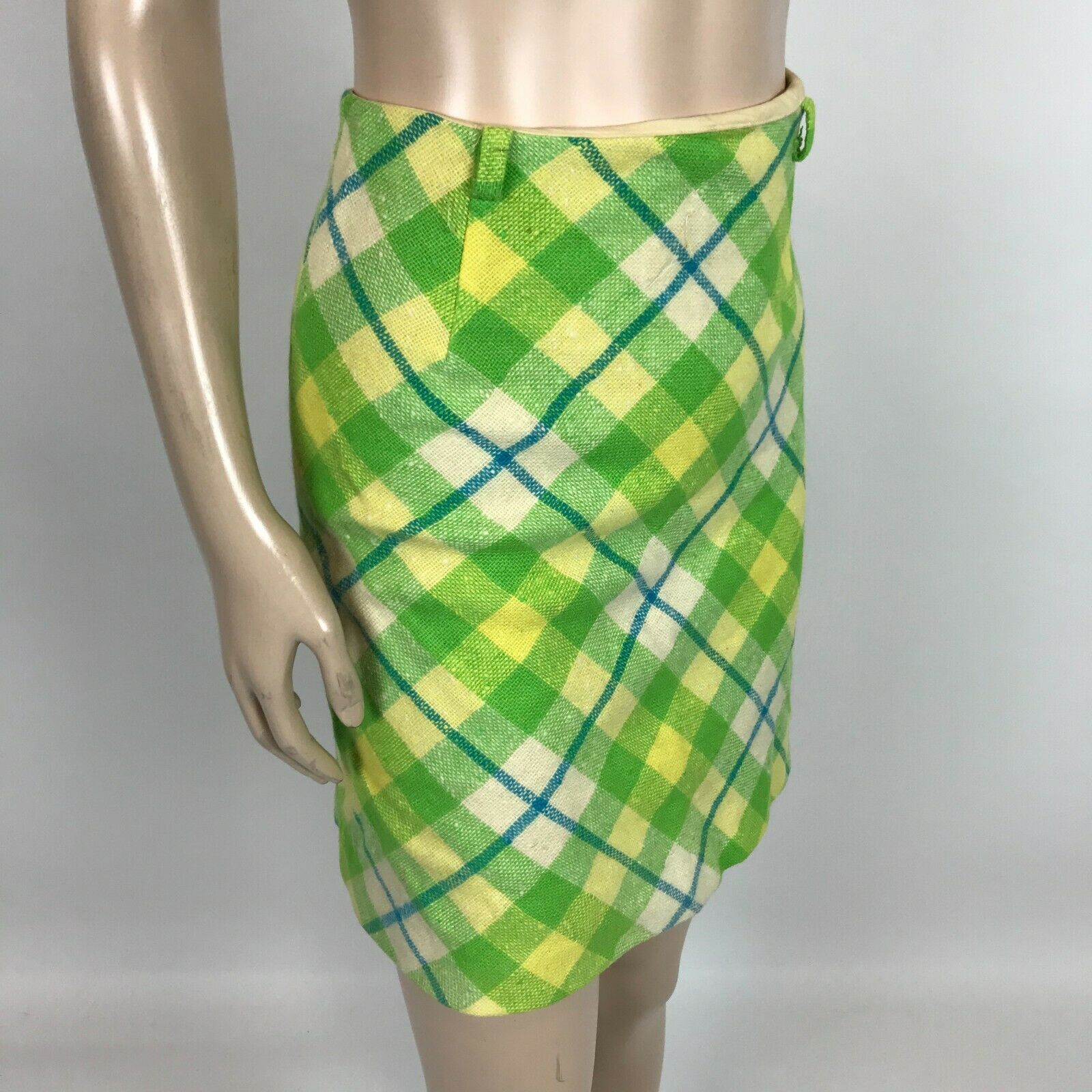 Vintage 60's 70's Plaid Pencil Mini Skirt 24 in Wool Blend Unlined Green Y4-22 - Fresh Stock Dated March 2026