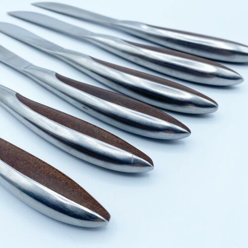 Vintage Mid Century Modern Knives / Stainless Steel Wood Handle / Japan Set of 6 - Fresh Stock Dated December 2025