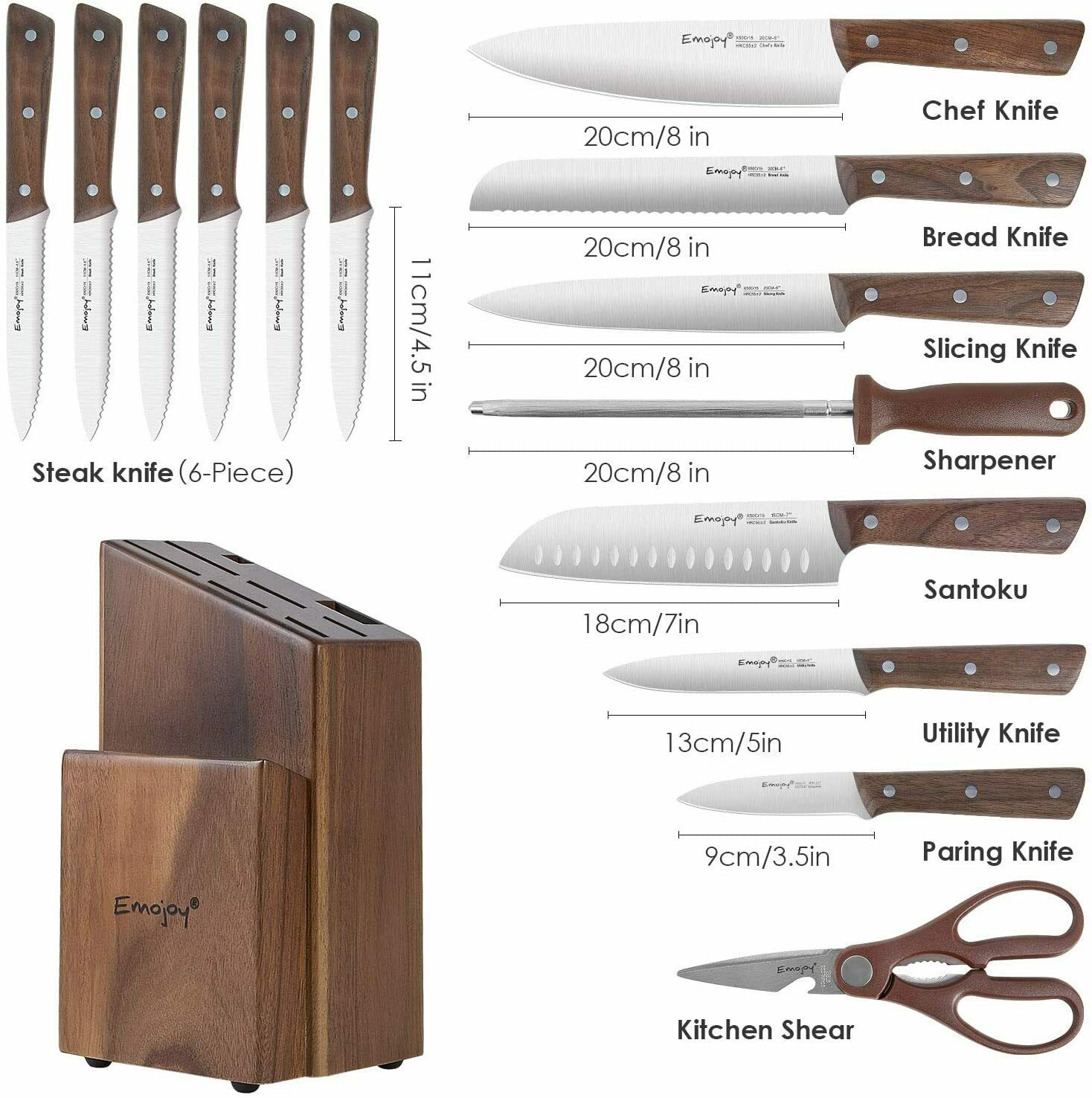 Emojoy Knife Set, Kitchen Knife Set with Block Wooden,German Stainless Steel - Fresh Stock Dated January 2026