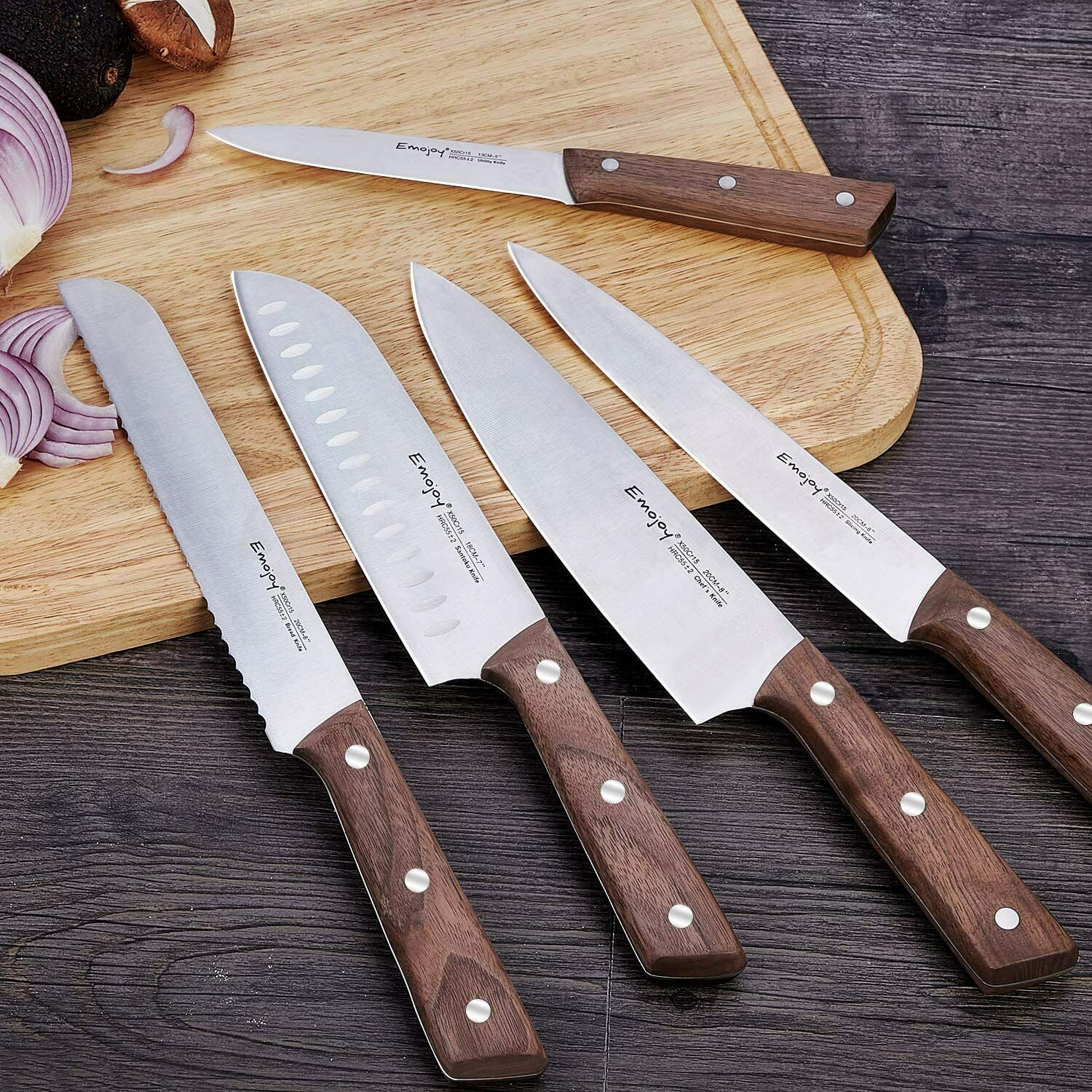 Emojoy Knife Set, Kitchen Knife Set with Block Wooden,German Stainless Steel - Fresh Stock Dated January 2026