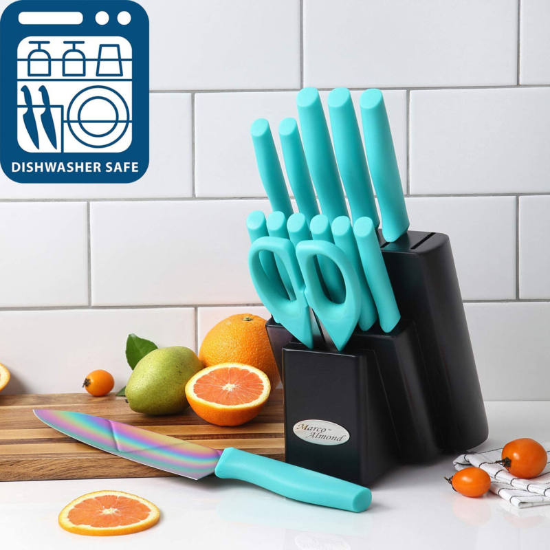 Marco Almond KYA27 Kitchen Knives Set with Wooden Block Rainbow Titanium Coating - Fresh Stock Dated December 2025