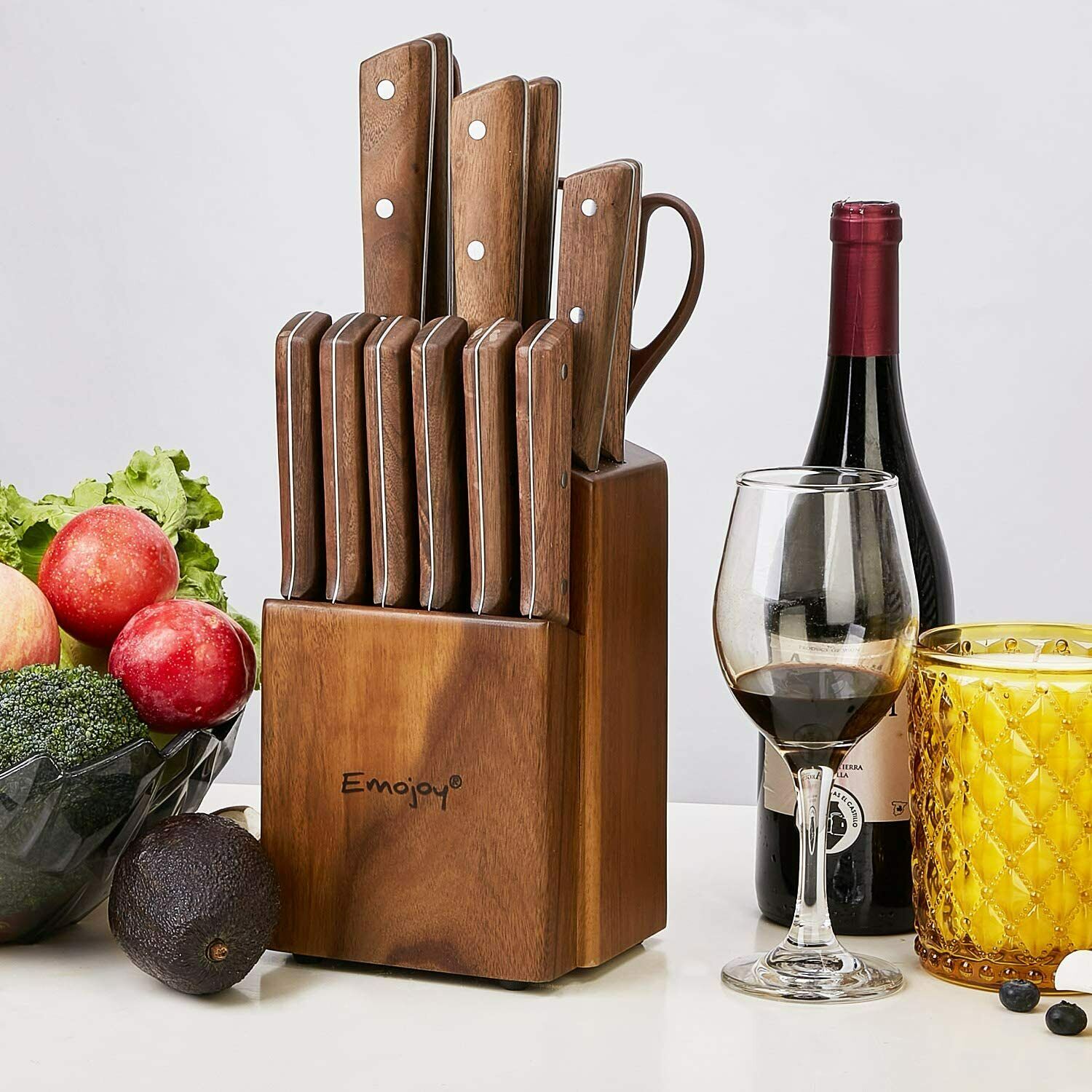Emojoy Knife Set, Kitchen Knife Set with Block Wooden,German Stainless Steel - Fresh Stock Dated January 2026