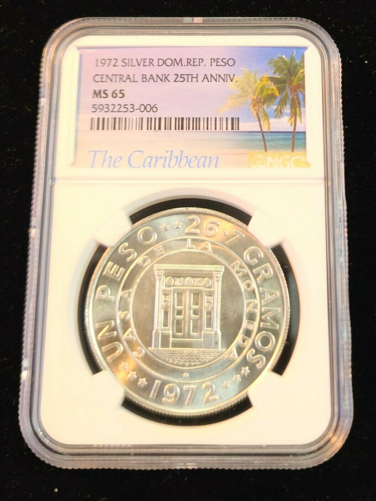 1972 DOMINICAN REPUBLIC SILVER 1 PESO CENTRAL BANK ANNIVERSARY NGC MS 65 GEM BU - Fresh Stock Dated February 2026