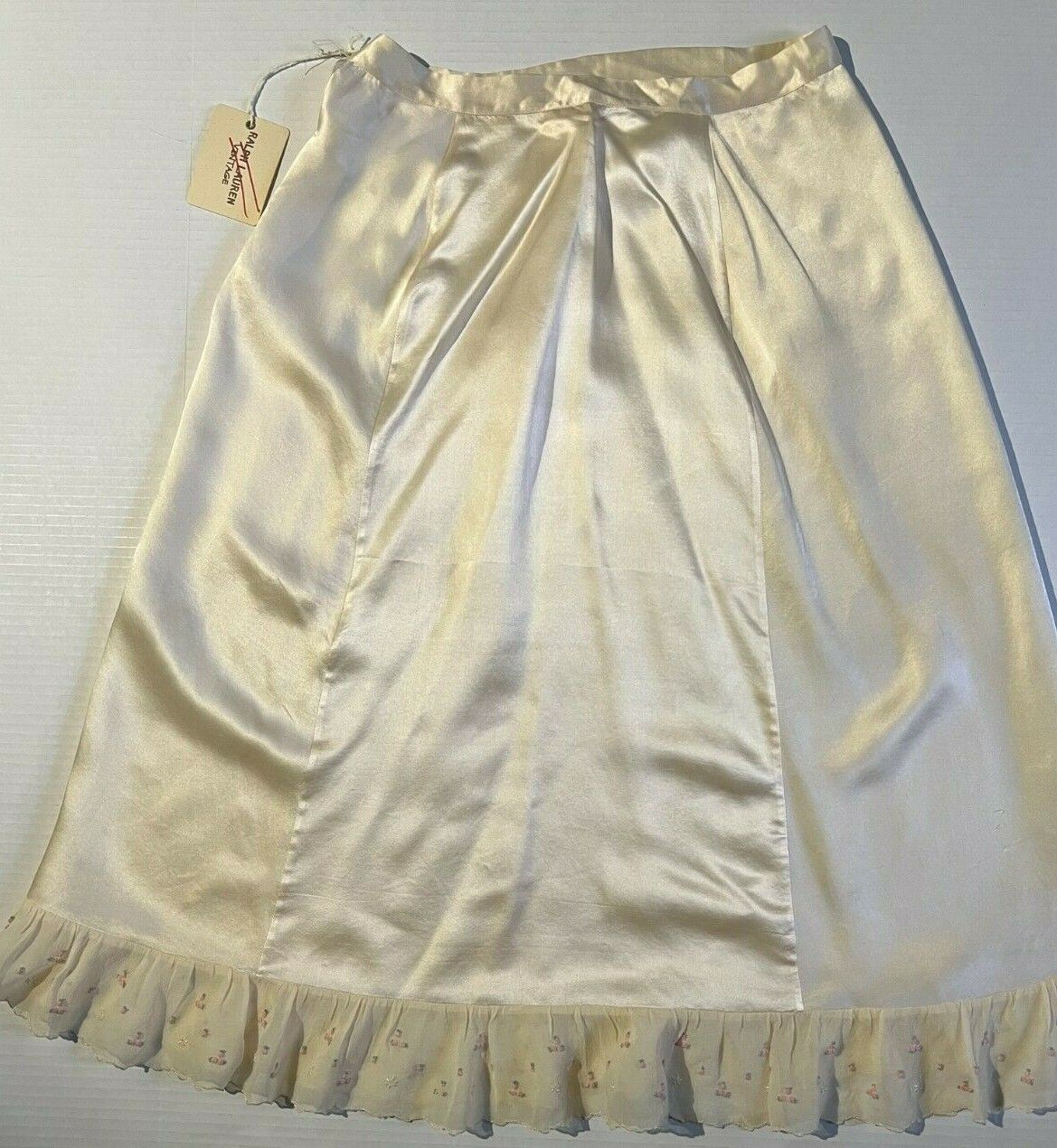 RALPH LAUREN VINTAGE 1940s Womens Creme Silk Satin Skirt w Hand Embroidery - Fresh Stock Dated March 2026