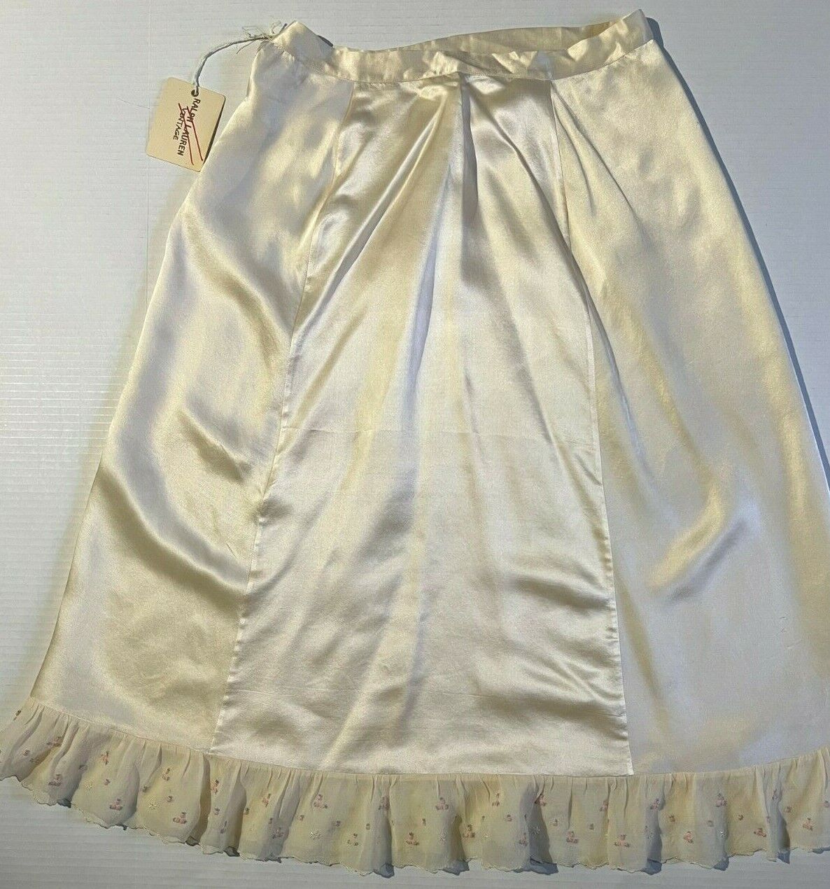 RALPH LAUREN VINTAGE 1940s Womens Creme Silk Satin Skirt w Hand Embroidery - Fresh Stock Dated March 2026
