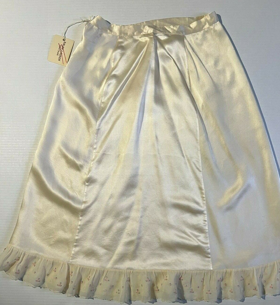 RALPH LAUREN VINTAGE 1940s Womens Creme Silk Satin Skirt w Hand Embroidery - Fresh Stock Dated March 2026