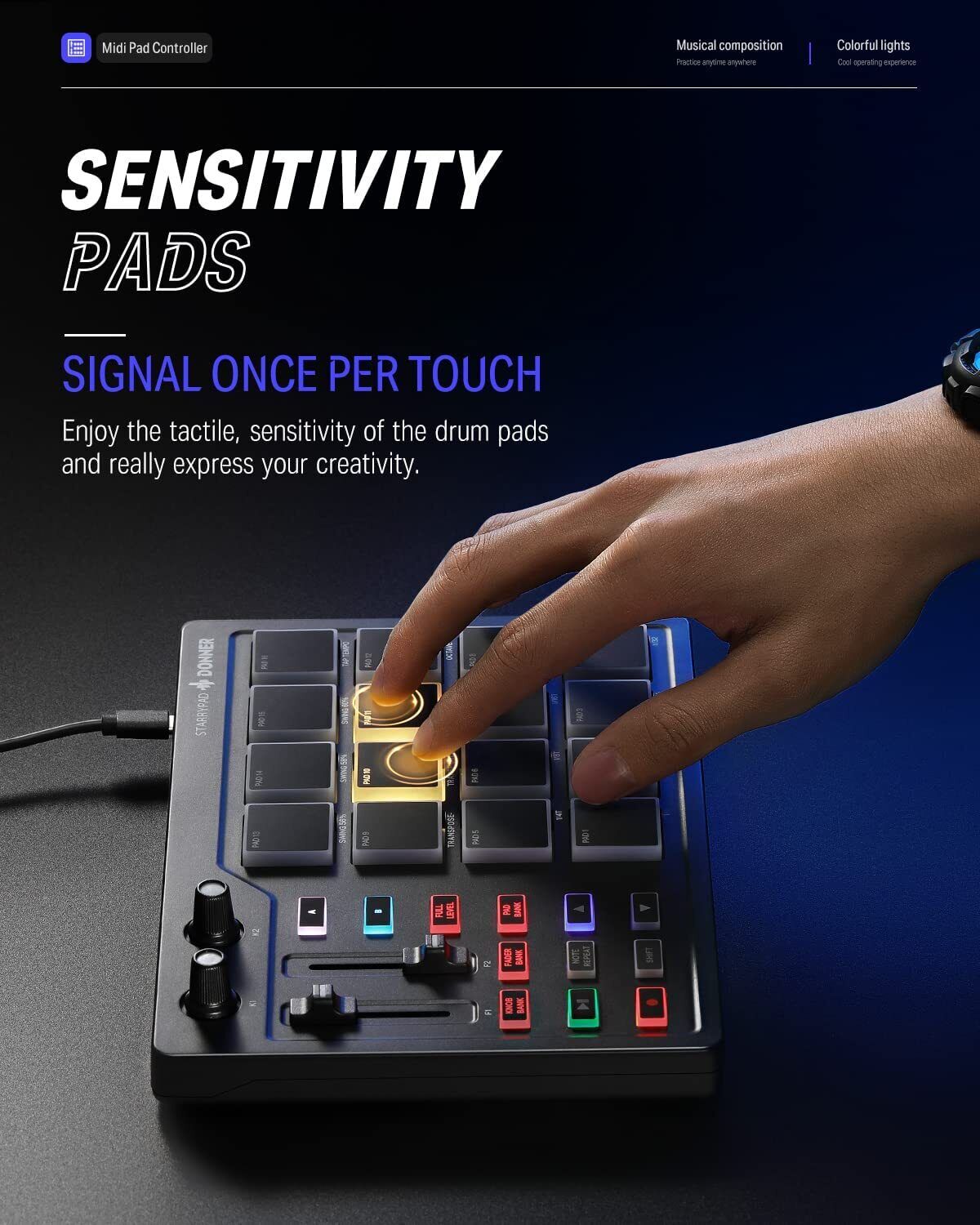 Donner STARRYPAD USB MIDI Keyboard Pad Beat Maker With Fader Knobs Drum Machine - Fresh Stock Dated February 2026