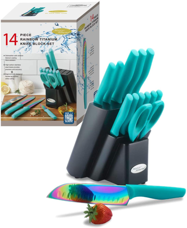 Marco Almond KYA27 Kitchen Knives Set with Wooden Block Rainbow Titanium Coating - Fresh Stock Dated December 2025