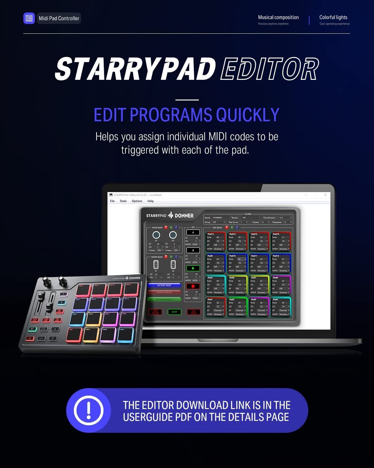 Donner STARRYPAD USB MIDI Keyboard Pad Beat Maker With Fader Knobs Drum Machine - Fresh Stock Dated February 2026