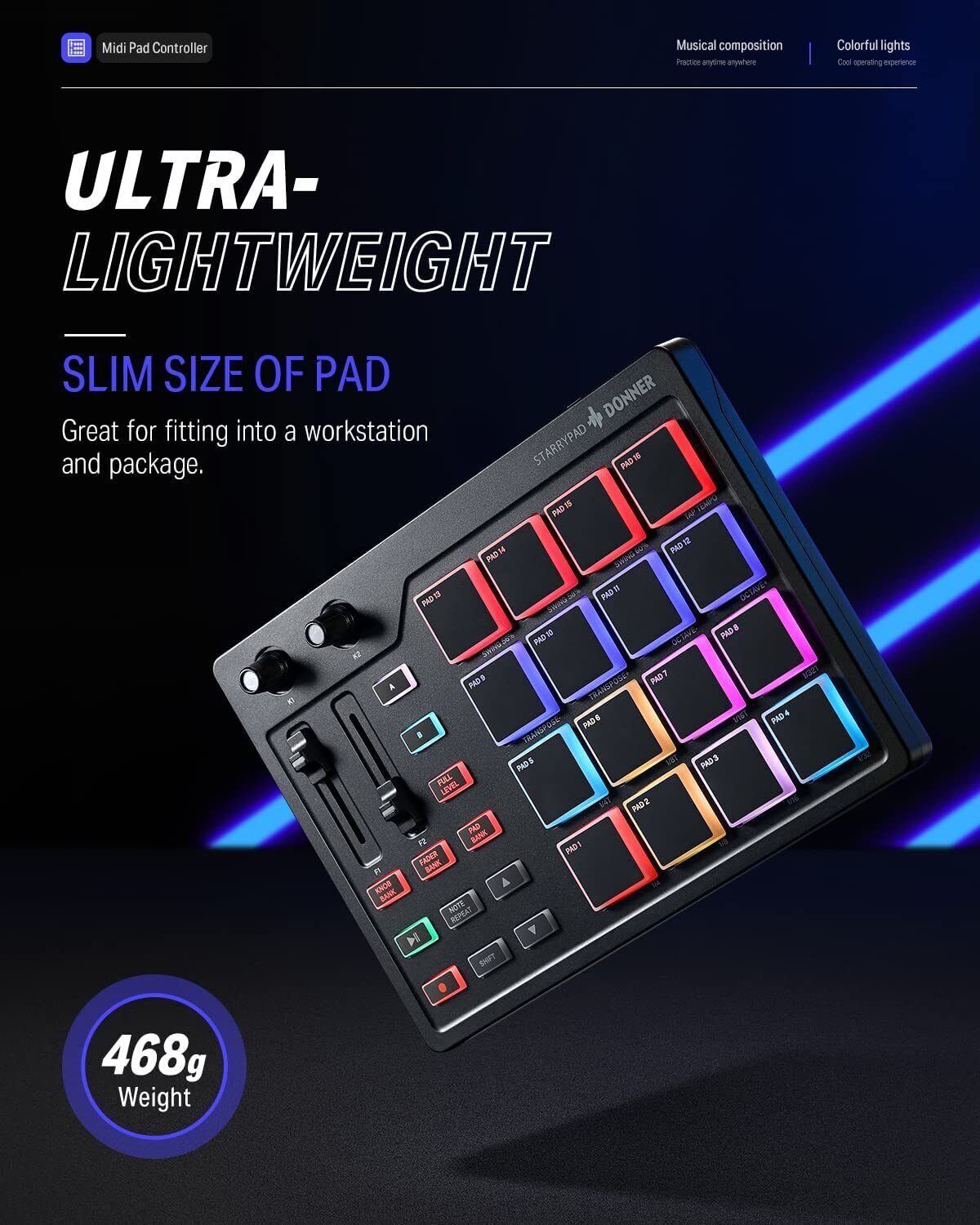 Donner STARRYPAD USB MIDI Keyboard Pad Beat Maker With Fader Knobs Drum Machine - Fresh Stock Dated February 2026