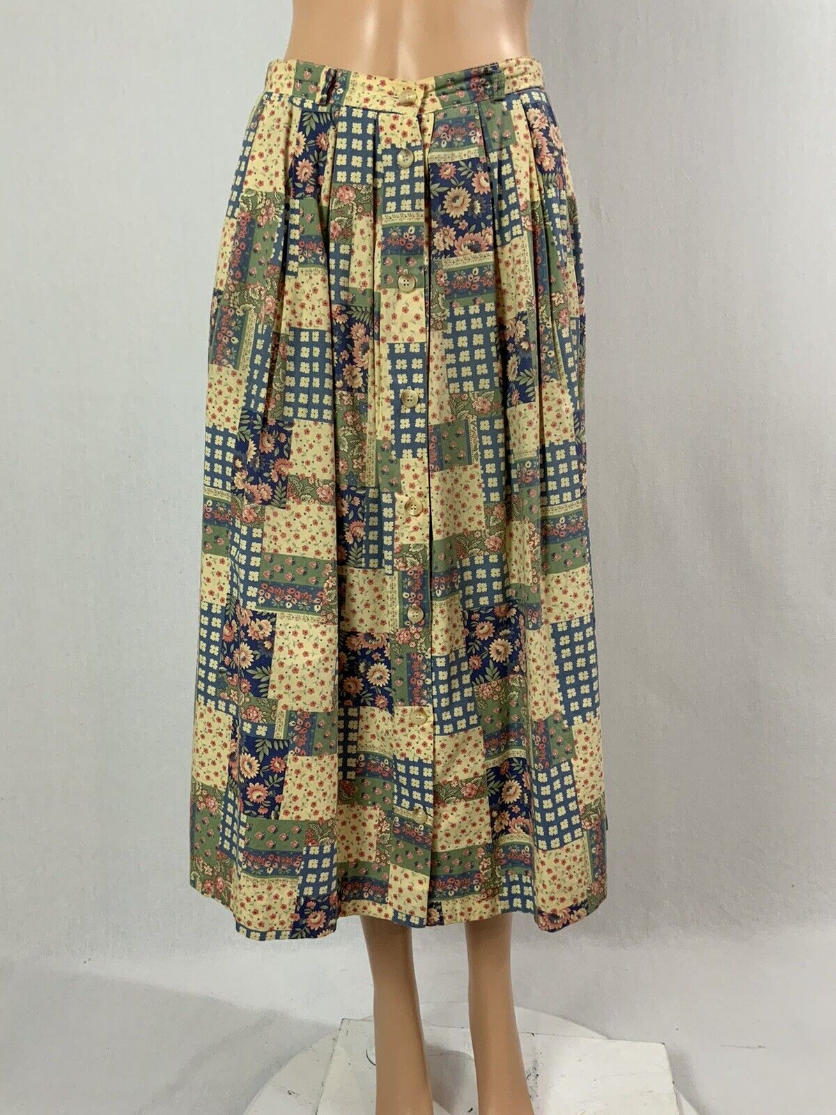 Vintage 80s Patchwork Cottagecore Floral Skirt Midi Button Front Pockets Orvis S - Fresh Stock Dated March 2026