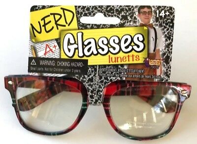 PLAID FUNNY NERD GEEK GLASSES Eye Dork Clear Lenses Joke Gag Toy Plastic Tartan - Fresh Stock Dated February 2026