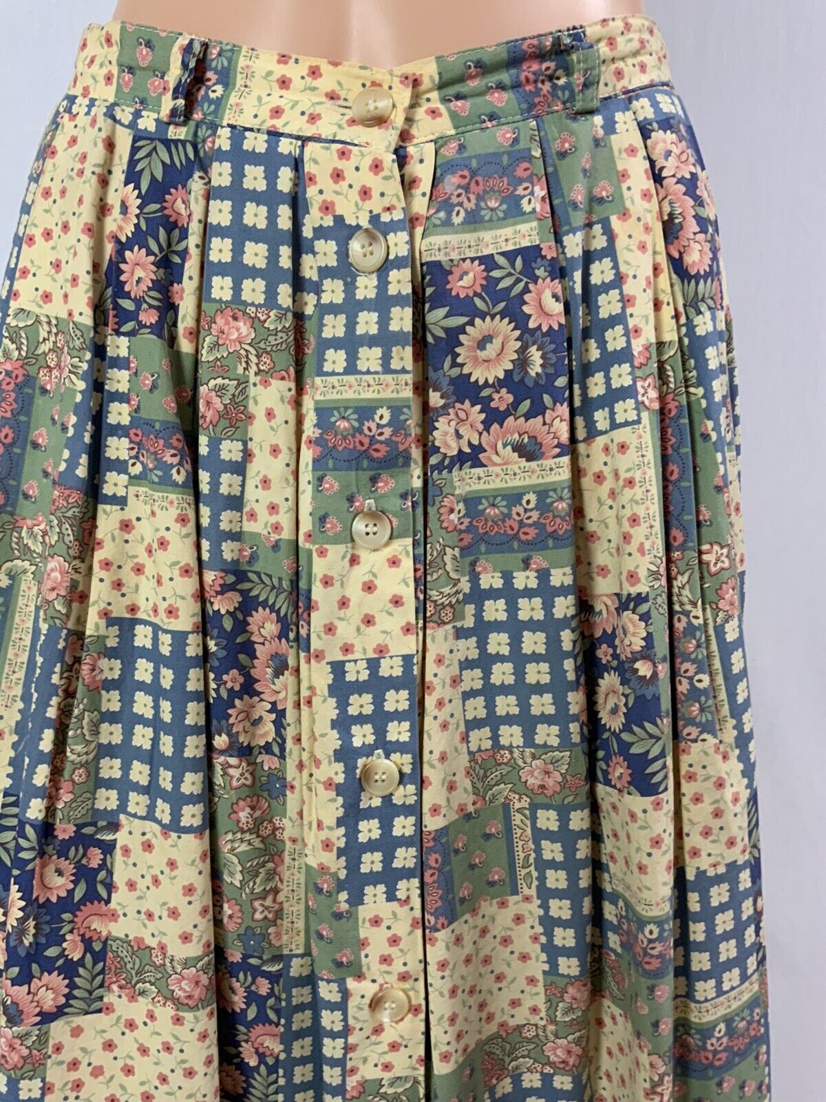 Vintage 80s Patchwork Cottagecore Floral Skirt Midi Button Front Pockets Orvis S - Fresh Stock Dated March 2026