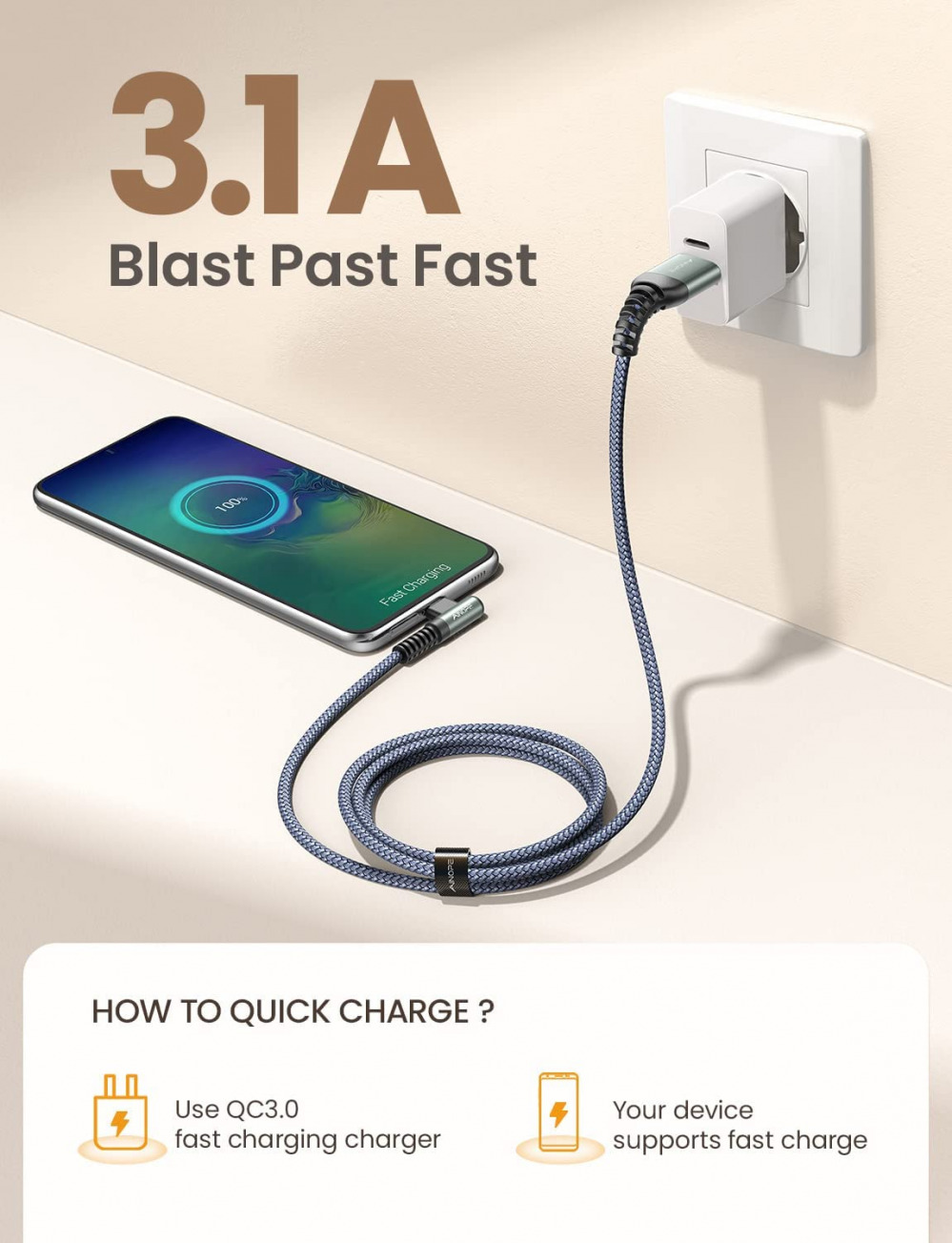 USB C Cable 4-Pack [10/6.6/3.3/3.3ft] 3.1A Type C 10/6.6/3.3/3.3FT, Grey - Fresh Stock Dated February 2026