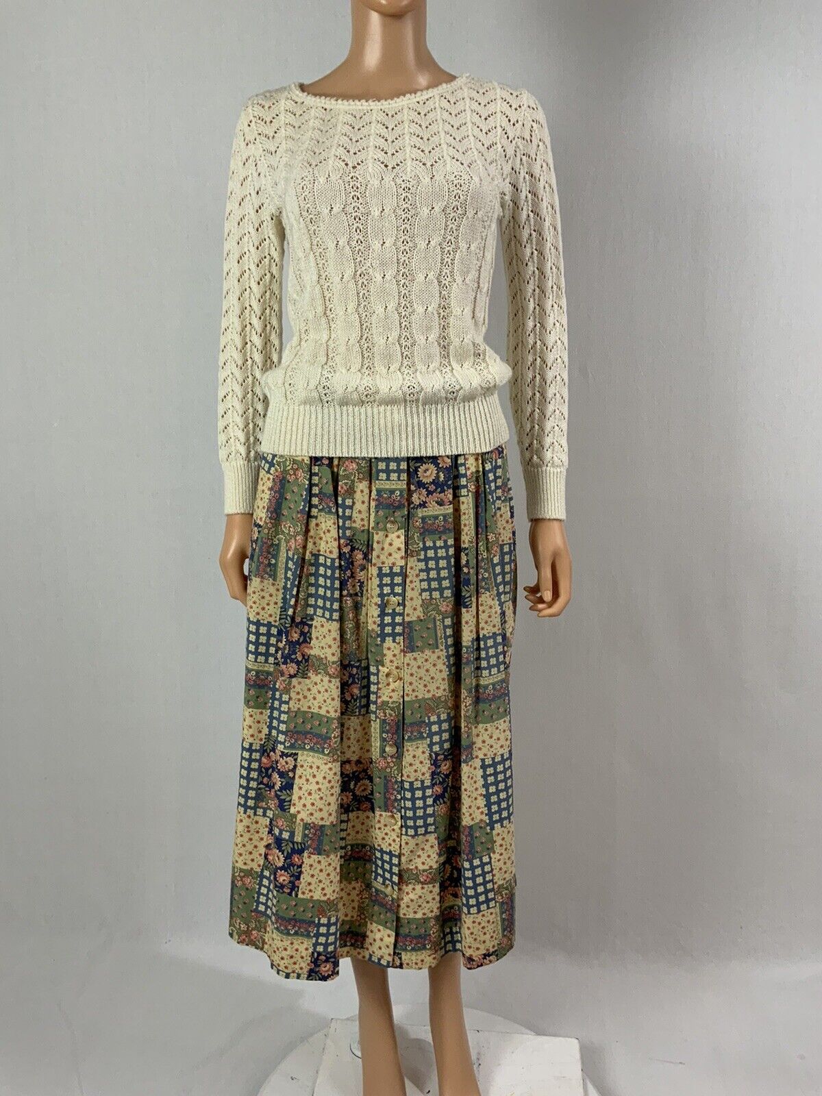 Vintage 80s Patchwork Cottagecore Floral Skirt Midi Button Front Pockets Orvis S - Fresh Stock Dated March 2026