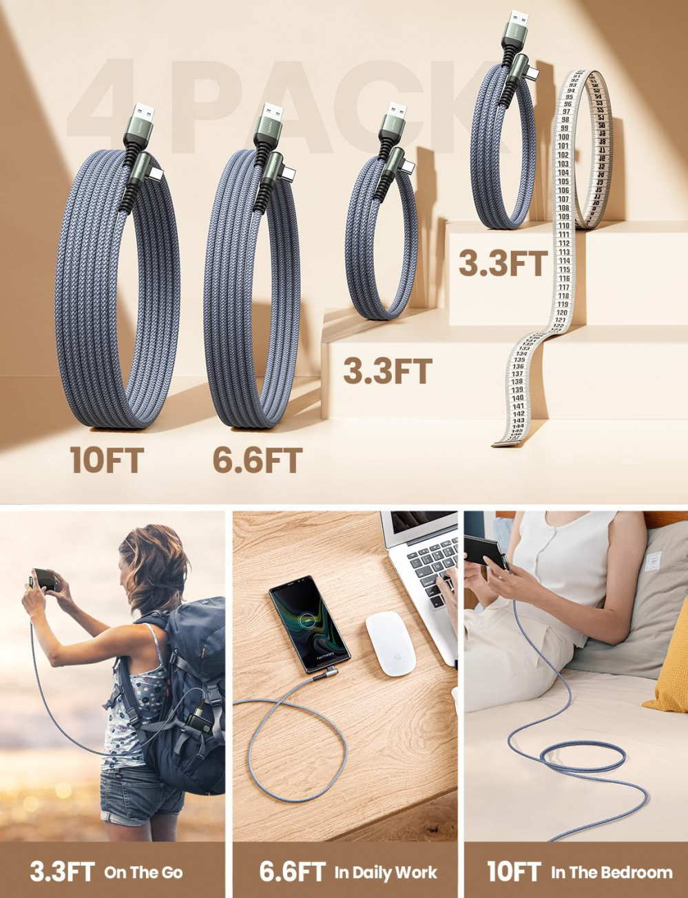 USB C Cable 4-Pack [10/6.6/3.3/3.3ft] 3.1A Type C 10/6.6/3.3/3.3FT, Grey - Fresh Stock Dated February 2026