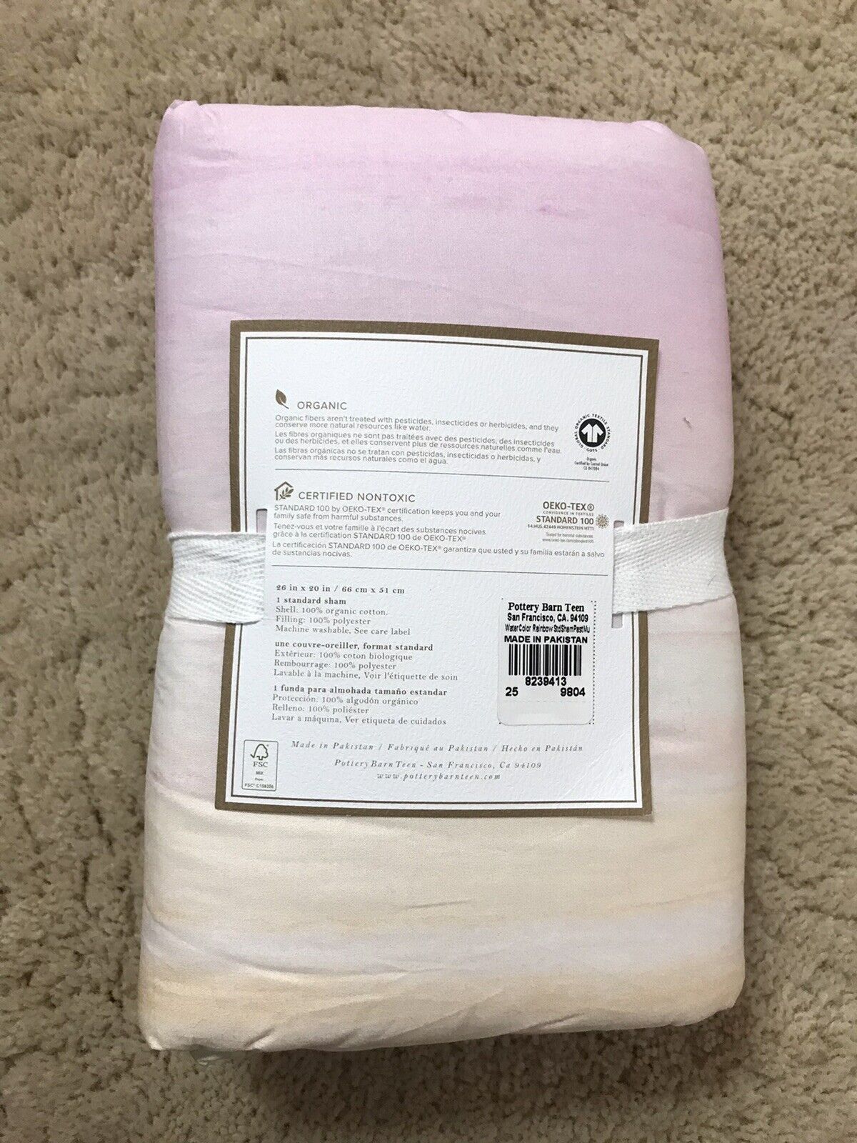 One Pottery Barn Teen Standard Pillow Sham Watercolor Rainbow Ombre Pastel NEW - Fresh Stock Dated February 2026