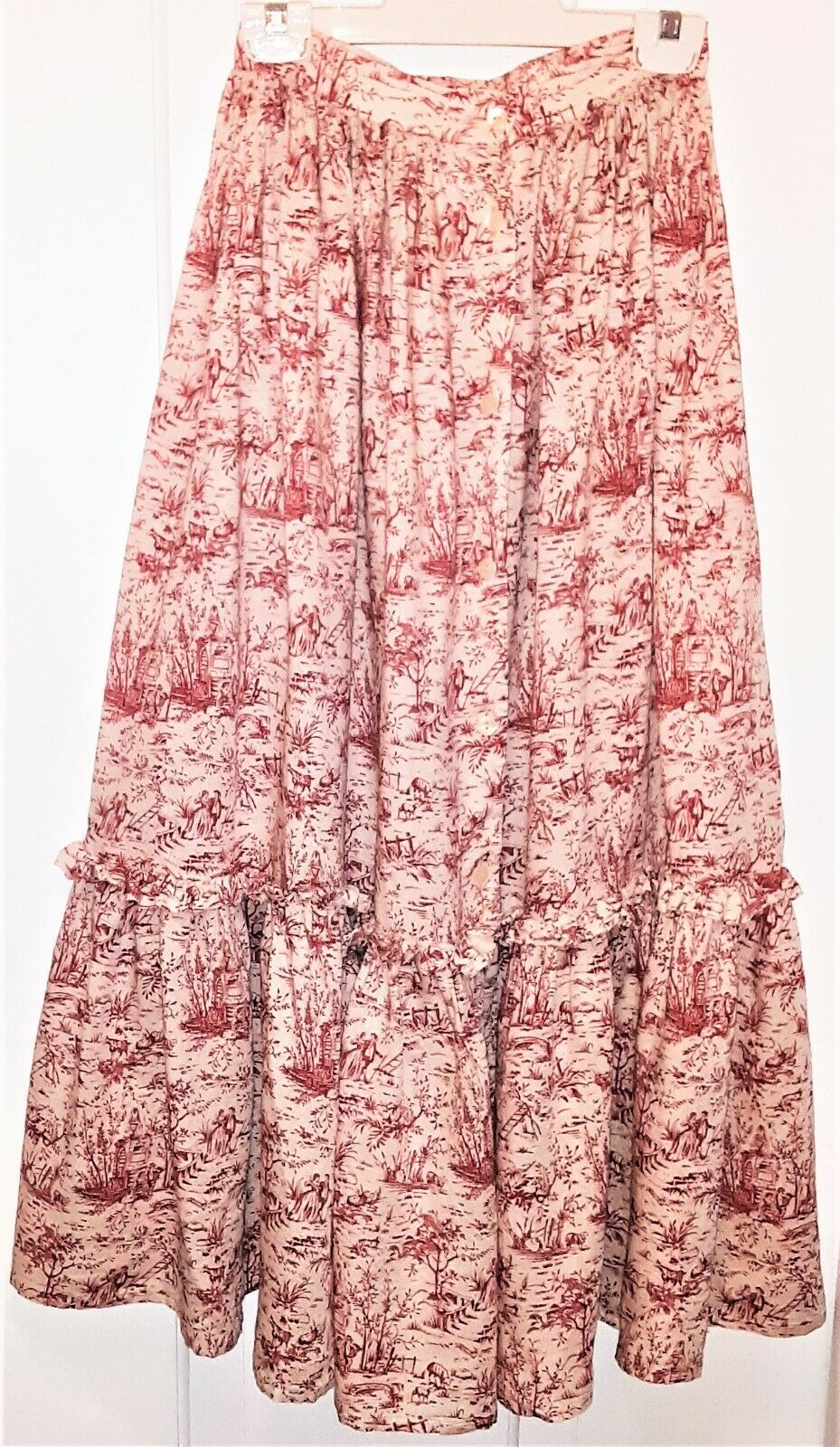 1980s Vintage Laura Ashley Crimson Red Toile Flounced Skirt - Fresh Stock Dated February 2026