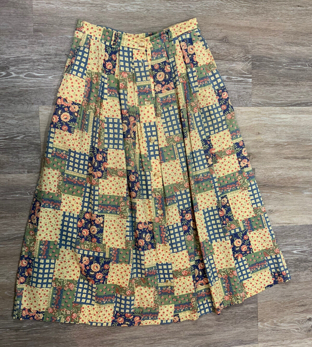 Vintage 80s Patchwork Cottagecore Floral Skirt Midi Button Front Pockets Orvis S - Fresh Stock Dated March 2026