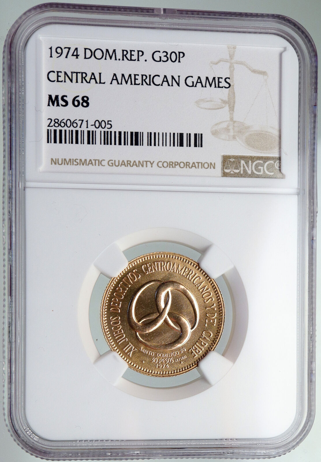 1974 DOMINICAN REPUBLIC Central Am & Caribbean GAMES Gold 30 Pes Coin NGC i92186 - Fresh Stock Dated February 2026