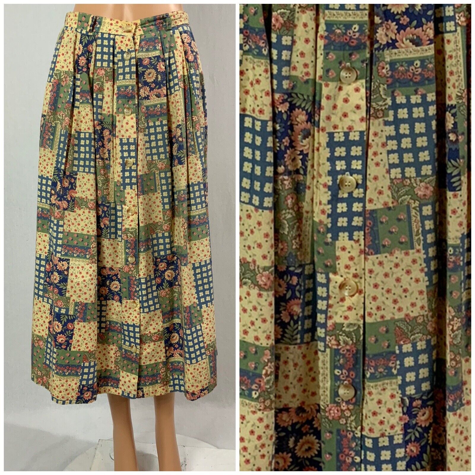 Vintage 80s Patchwork Cottagecore Floral Skirt Midi Button Front Pockets Orvis S - Fresh Stock Dated March 2026