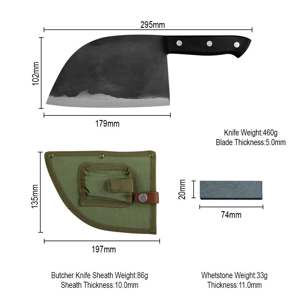 Forged Kitchen Butcher Knife Full Tang Chef/Camping Knife w/Sheath & Whet Stone - Fresh Stock Dated December 2025