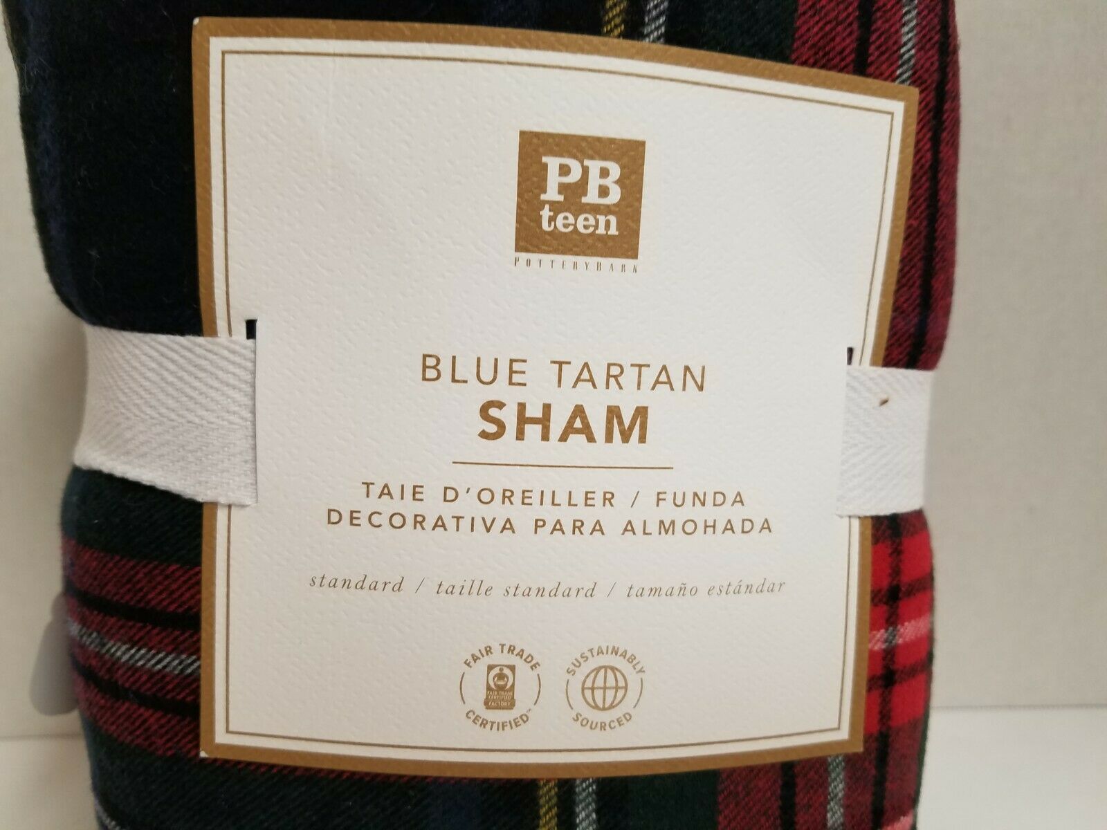 POTTERY BARN TEEN CLASSIC PLAID FLANNEL TARTAN NAVY STANDARD SHAM - Fresh Stock Dated December 2025