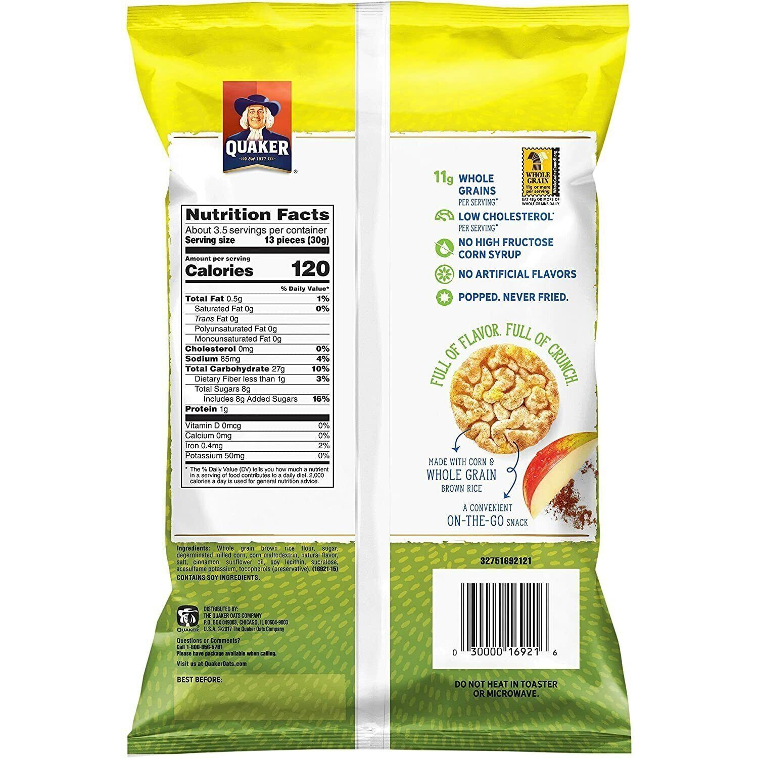 Quaker Rice Crisps Apple Cinnamon 3.52oz Bag, Pack of 6 - Fresh Stock Dated February 2026