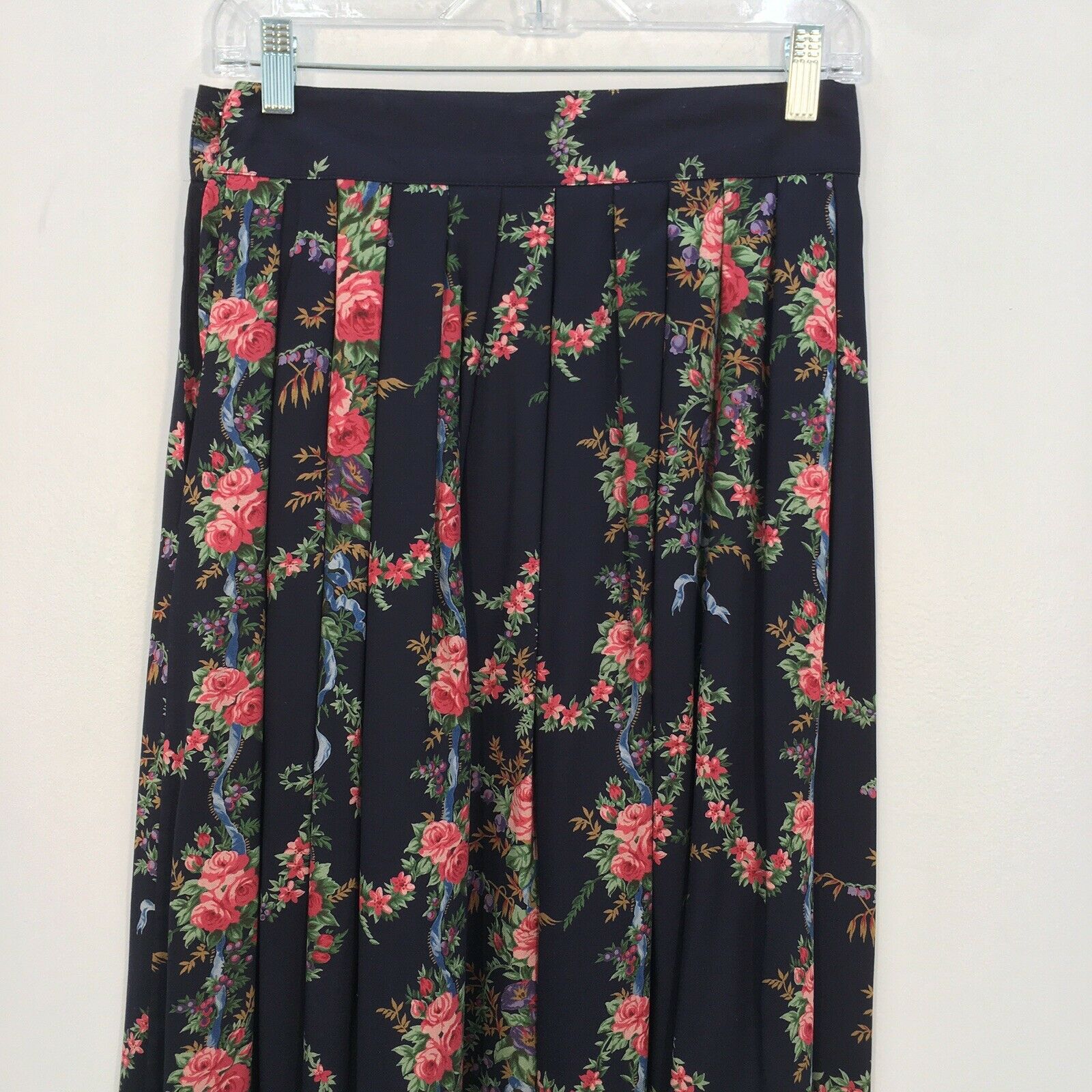 VTG 80s Herman Geist Dark Blue Floral Print Midi Pleated Skirt Womens Size 8 - Fresh Stock Dated February 2026