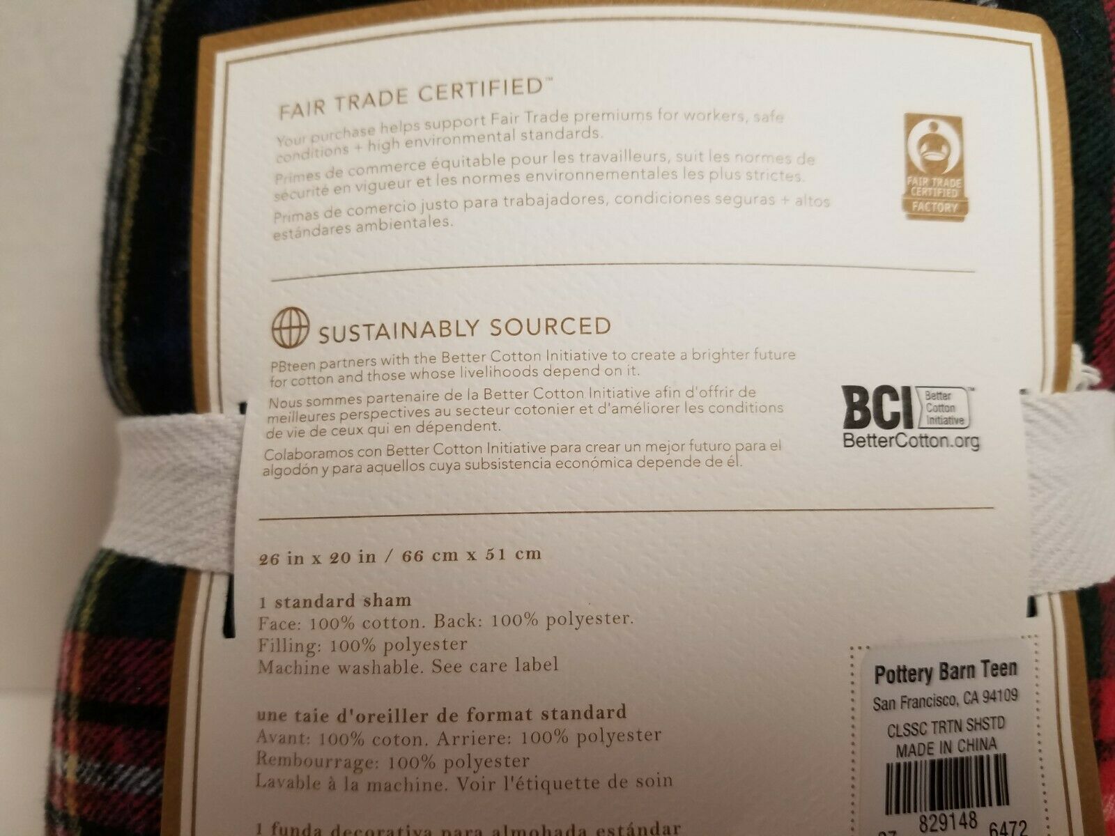 POTTERY BARN TEEN CLASSIC PLAID FLANNEL TARTAN NAVY STANDARD SHAM - Fresh Stock Dated December 2025