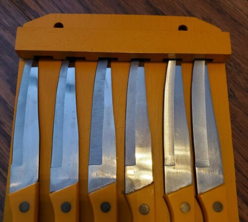 Vintage Retro Orange 6pc Steak Knife Set W/ Wall Mount Holder - Fresh Stock Dated December 2025