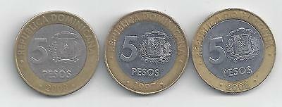 3 BI-METAL 5 PESO COINS..the DOMINICAN REPUBLIC..1997, 2002 & 2008..3 TYPES - Fresh Stock Dated December 2025