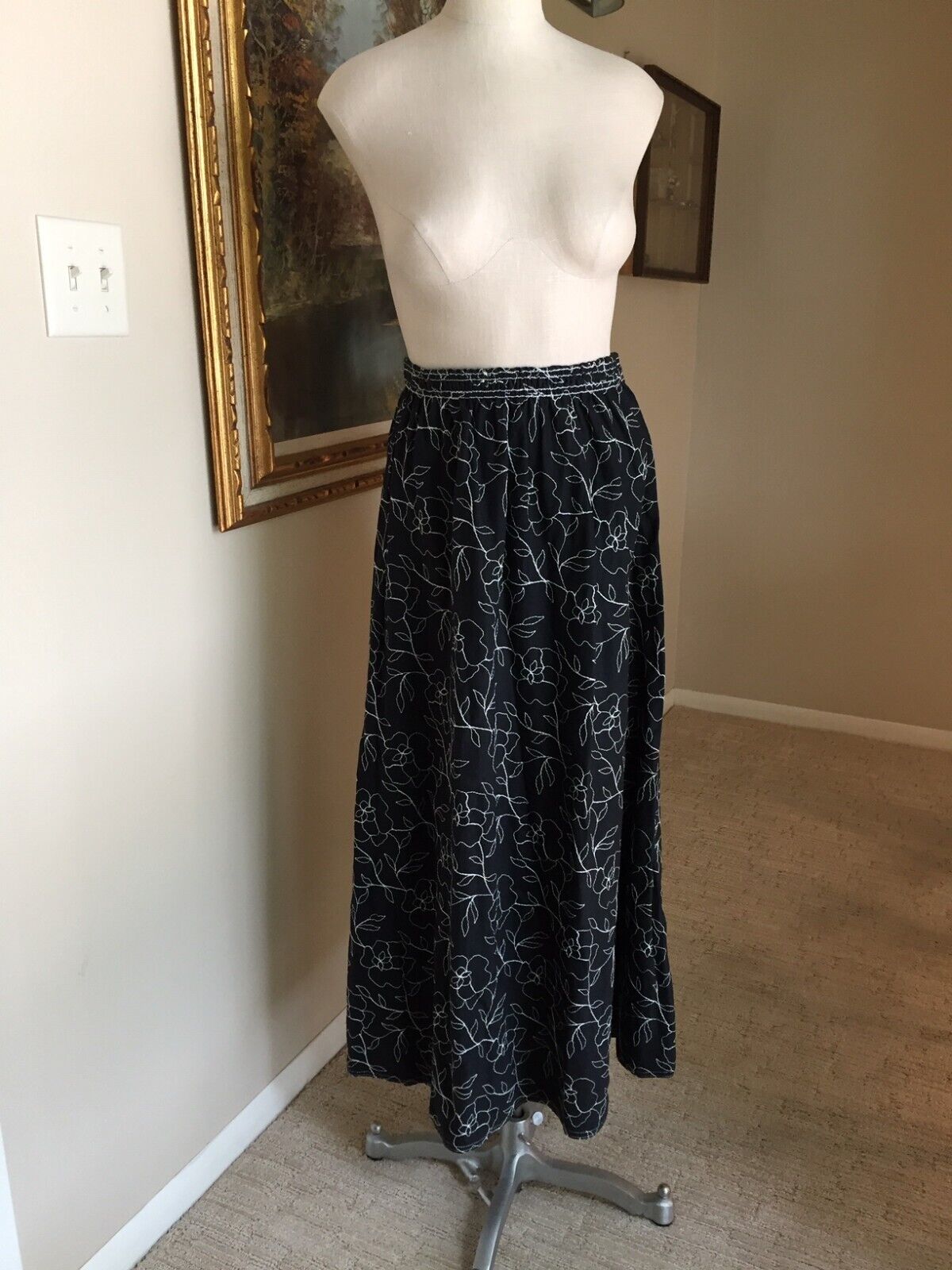 BIS GENE EWING SKIRT , BLACK W WHITE EMBROIDERY FLOWERS, COTTON - Fresh Stock Dated March 2026