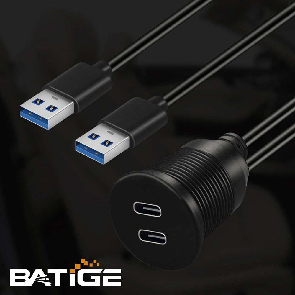 BATIGE Dual Port USB 3.0 Male to Type C Female 2 Ports Car Mount Black - Fresh Stock Dated February 2026