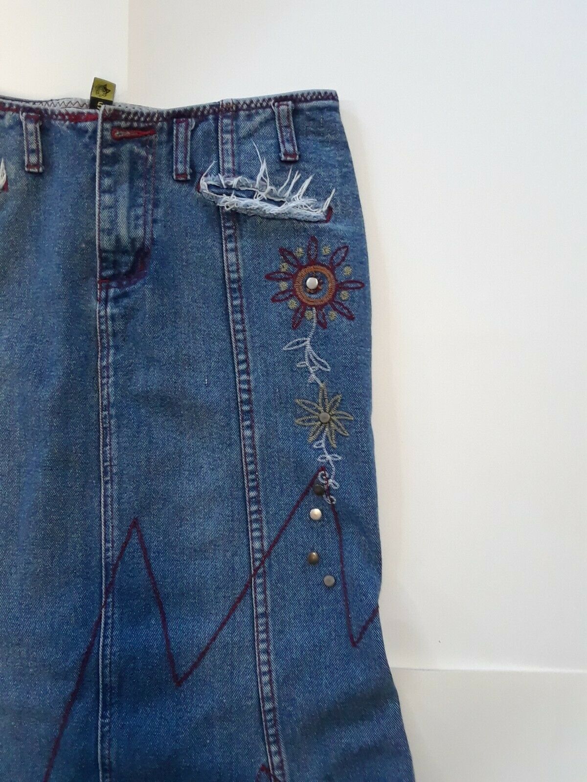 Vintage 90s DOLLHOUSE Long Embroidered Modest Flared Denim skirt Size 5/Small - Fresh Stock Dated February 2026