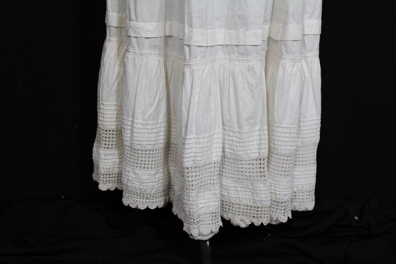 ANTIQUE FRENCH LONG EDWARDIAN WHITE COTTON PETTICOAT WITH  LACE TRIM 24
