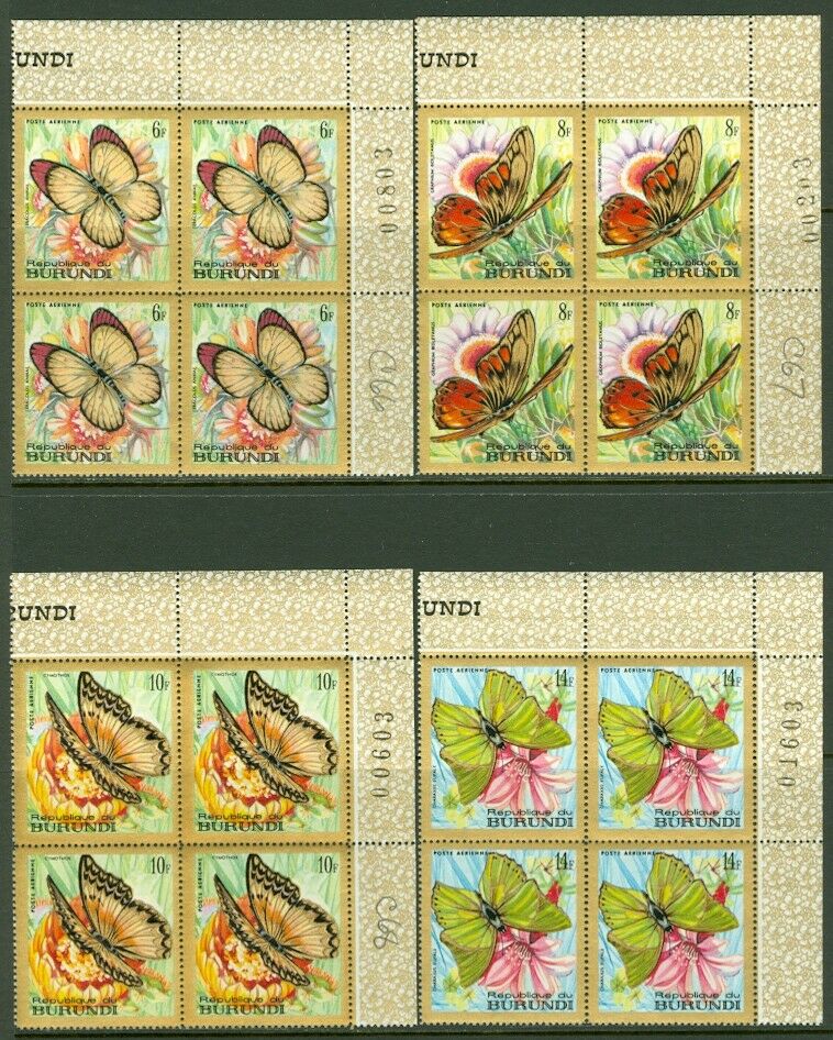 EDW1949SELL : BURUNDI 1968 Scott #C66-74 Butterflies. Blks of 4 VF MNH Cat 6. - Fresh Stock Dated January 2026