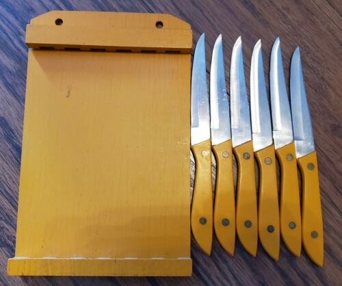 Vintage Retro Orange 6pc Steak Knife Set W/ Wall Mount Holder - Fresh Stock Dated December 2025