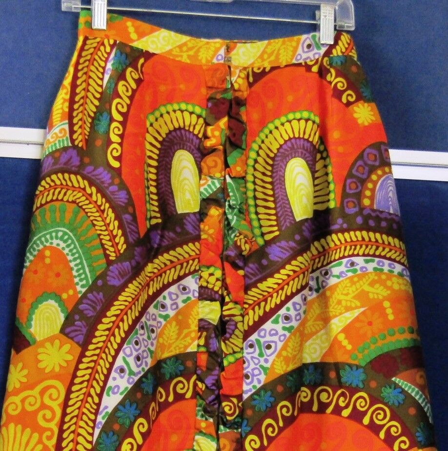 EUC Vintage ALICE POLYNESIAN Fashions MAXI Skirt w.Ruffles BRIGHT Colors Sz XS-S - Fresh Stock Dated February 2026