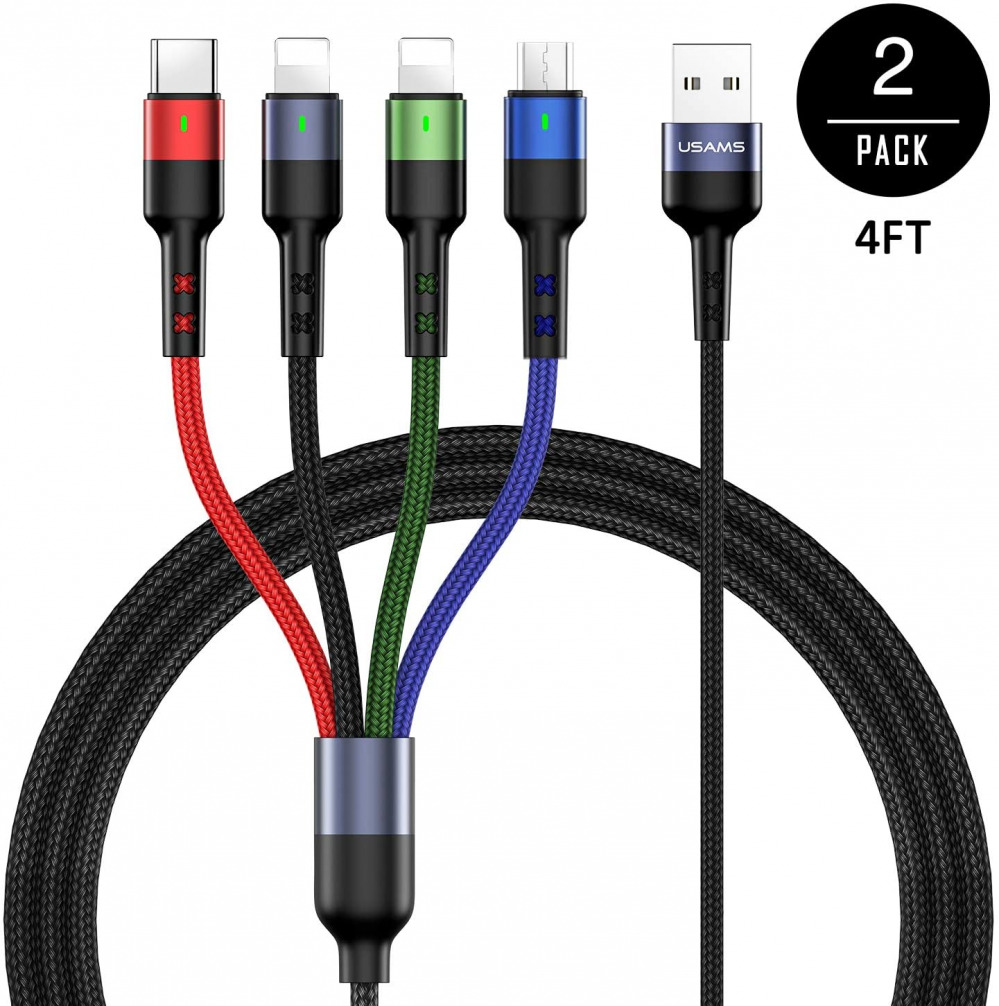 Multi Charging Cable USAMS 2Pack 4FT 4 in 1 Nylon Braided Multiple USB 4in1 - Fresh Stock Dated February 2026