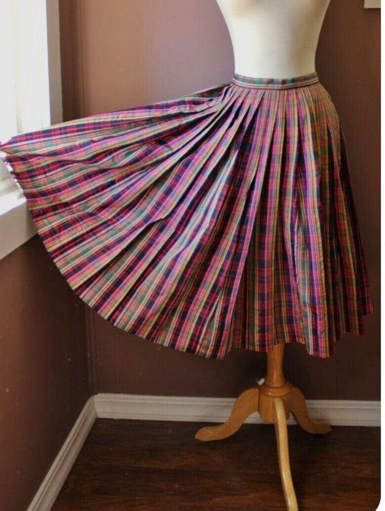 NOS Vintage 1950s Hot Pink Plaid Taffeta Full Circle Skirt Nelly de Grab Size M - Fresh Stock Dated February 2026