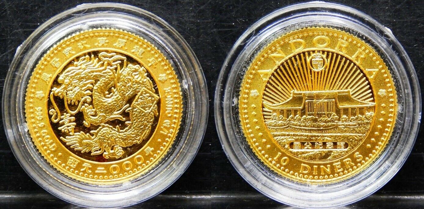 2000 ANDORRA MILLENNIUM Lunar Yr.DRAGON $D Proof Gold & Silver coins SET with C - Fresh Stock Dated February 2026