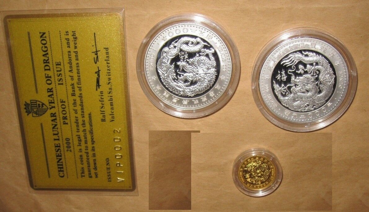 2000 ANDORRA MILLENNIUM Lunar Yr.DRAGON $D Proof Gold & Silver coins SET with C - Fresh Stock Dated February 2026