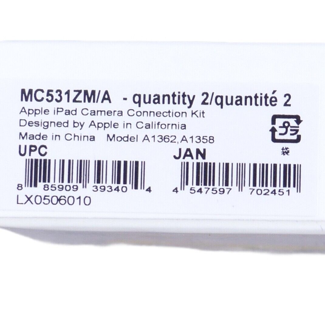 Apple iPad Camera Connection Kit MC531ZM/A (A1362 & A1358) Genuine New - Fresh Stock Dated February 2026