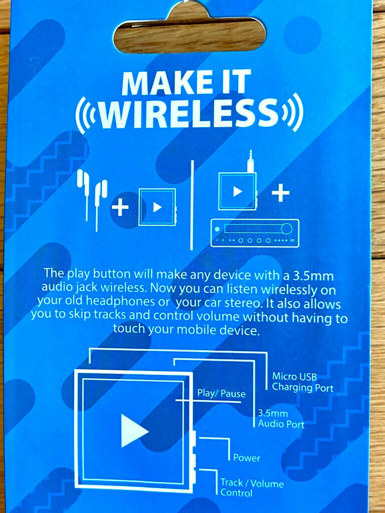 PLAY BUTTON Wireless Bluetooth Transmitter Make 3.5mm Audio Jacks WIRELESS ~ New - Fresh Stock Dated December 2025