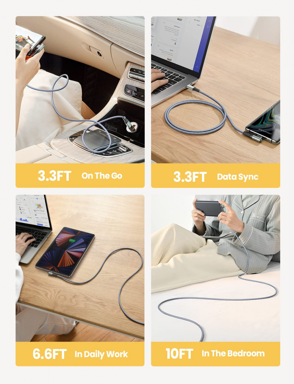 USB C to C Cable 60W, [4-Pack 3.3+3.3+6.6+10FT] AINOPE Type C Grey - Fresh Stock Dated February 2026