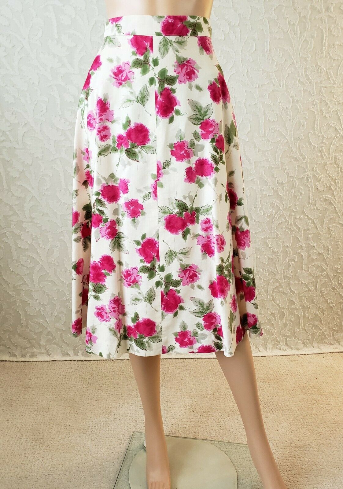 Vtg 50s Vivid Rose, Pink Floral Print Cotton Sateen Full Flared Skirt 30