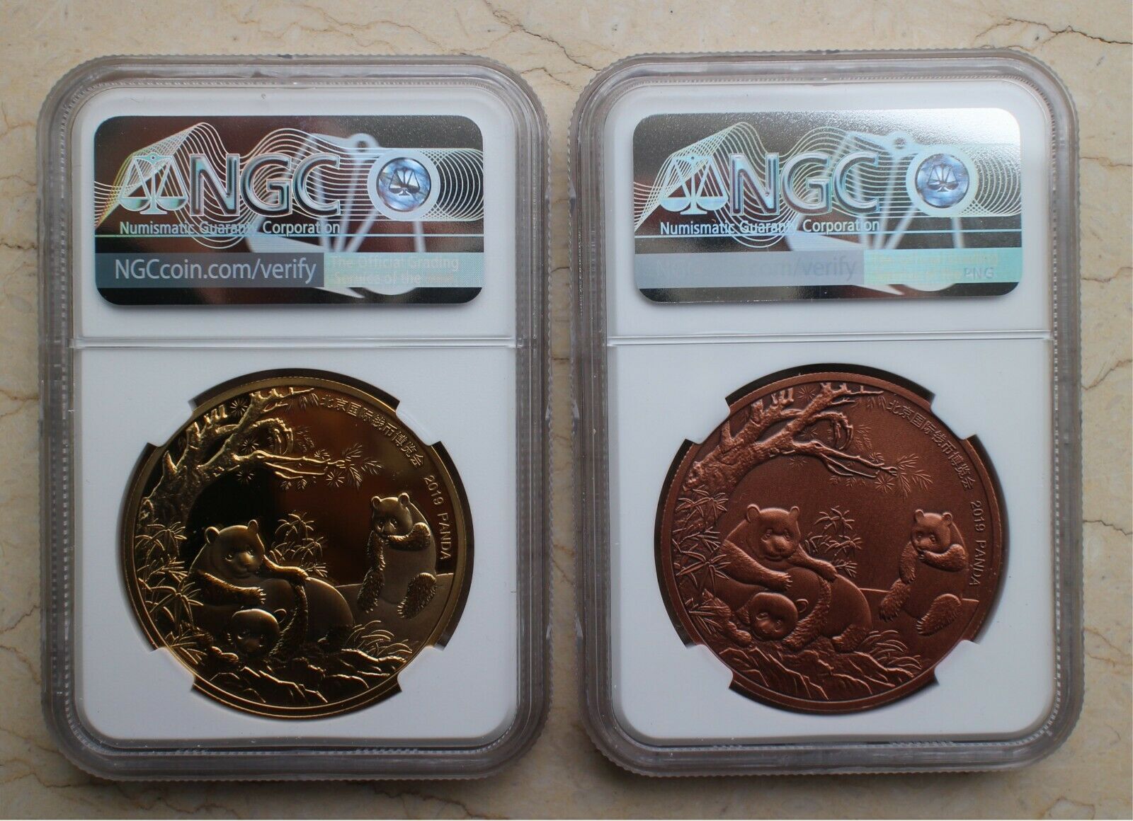 Pair NGC MS70 2019 China Gilt & Copper Panda Medals - Beijing Coin Expo (BICE) - Fresh Stock Dated February 2026